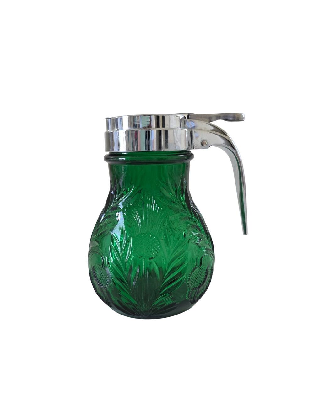 Vintage Emerald Green Pressed Glass Syrup Dispenser Chrome Lid Thistle Pattern